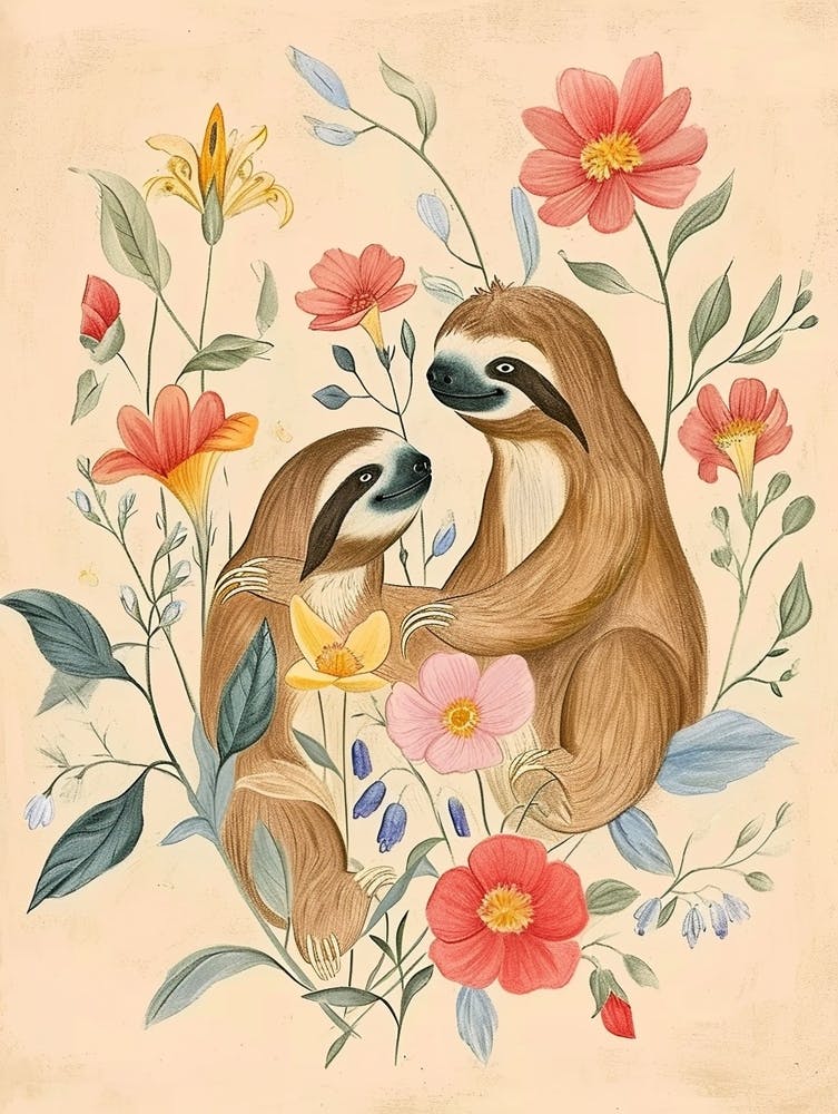 Folksy Floral Animal Drawing Sloth 3