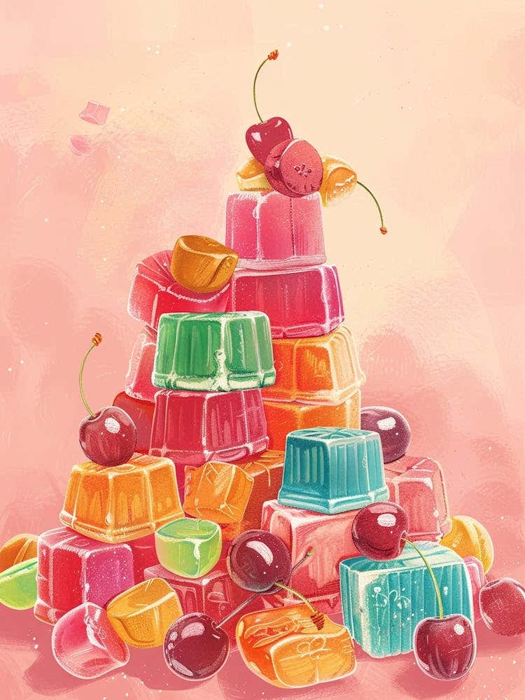 Rainbow Fruity Jelly Cubes Stacked Retro Illustration
