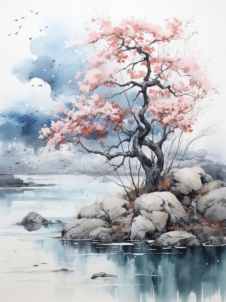 Pink Cherry Tree, Japanese Brush Painting, Ukiyo E, Minimal 3