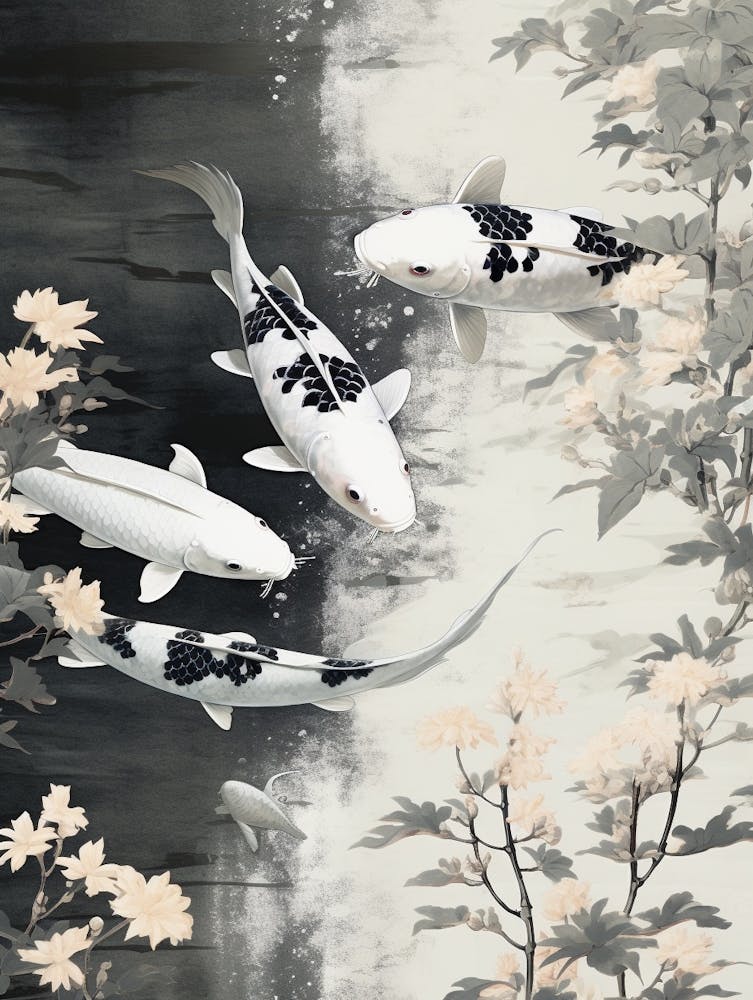 Black And White Koi Fish Watercolour With Botanicals 3