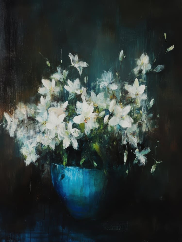 White Flowers In A Blue Bowl