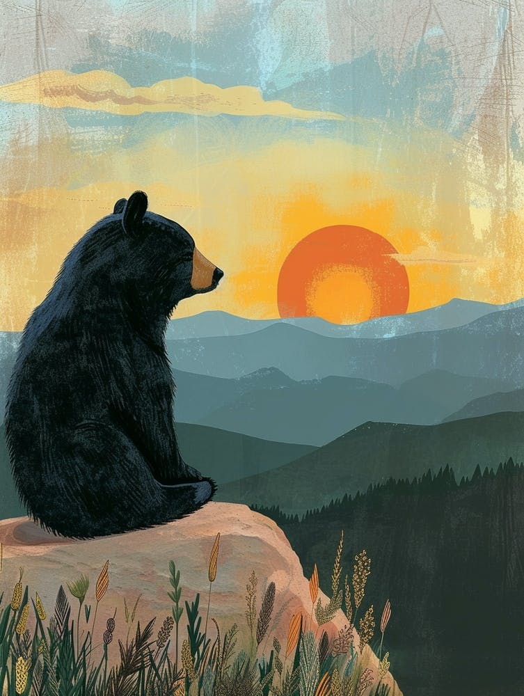 Amerikanischer Schwarzbär blickt auf einen Sonnenuntergang von einem Berg Märchenbuch Illustration 3