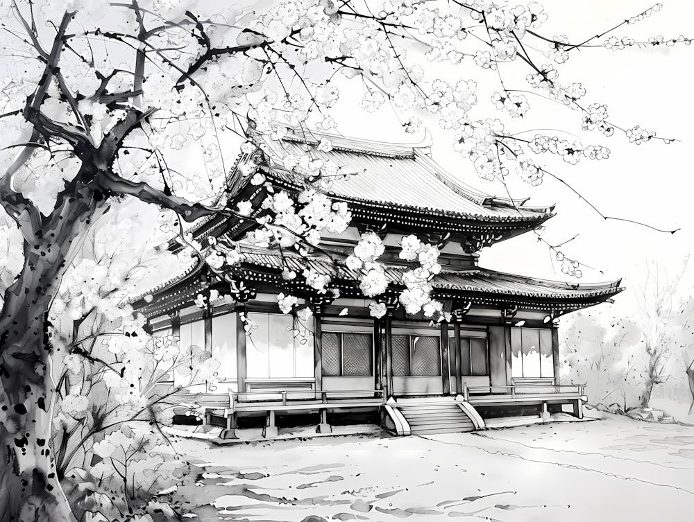 Temple And Sakura - Black And White