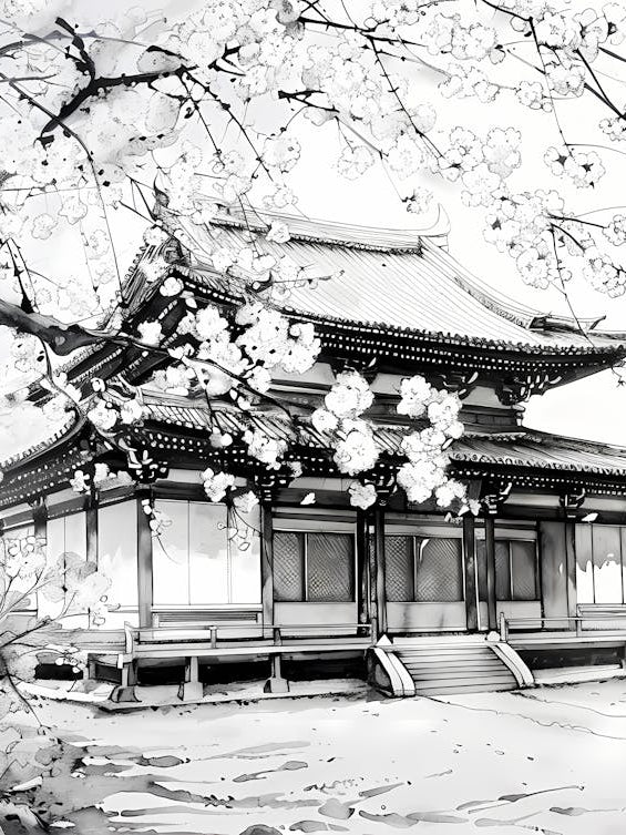 Temple And Sakura - Black And White