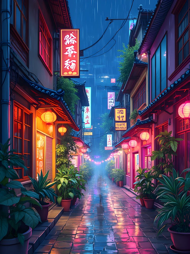 Japanese Chinese Asian Alley Neon City Street Night Scene Poster Canvas Wall Room Decor