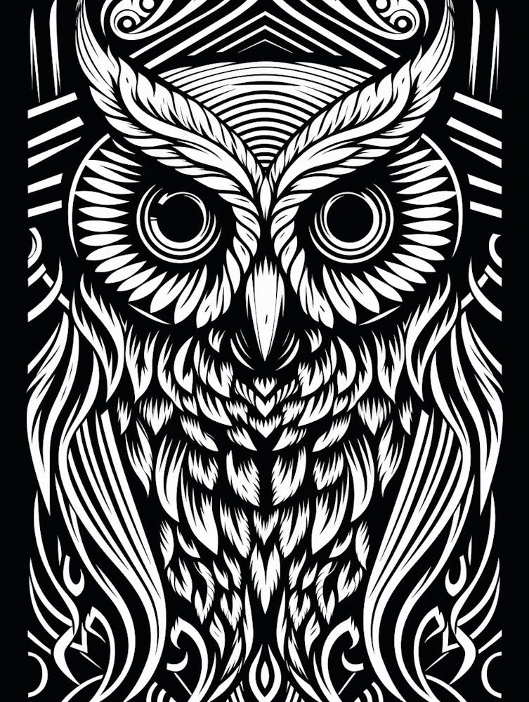 Linogravure d'Oiseau N&B Hibou 3