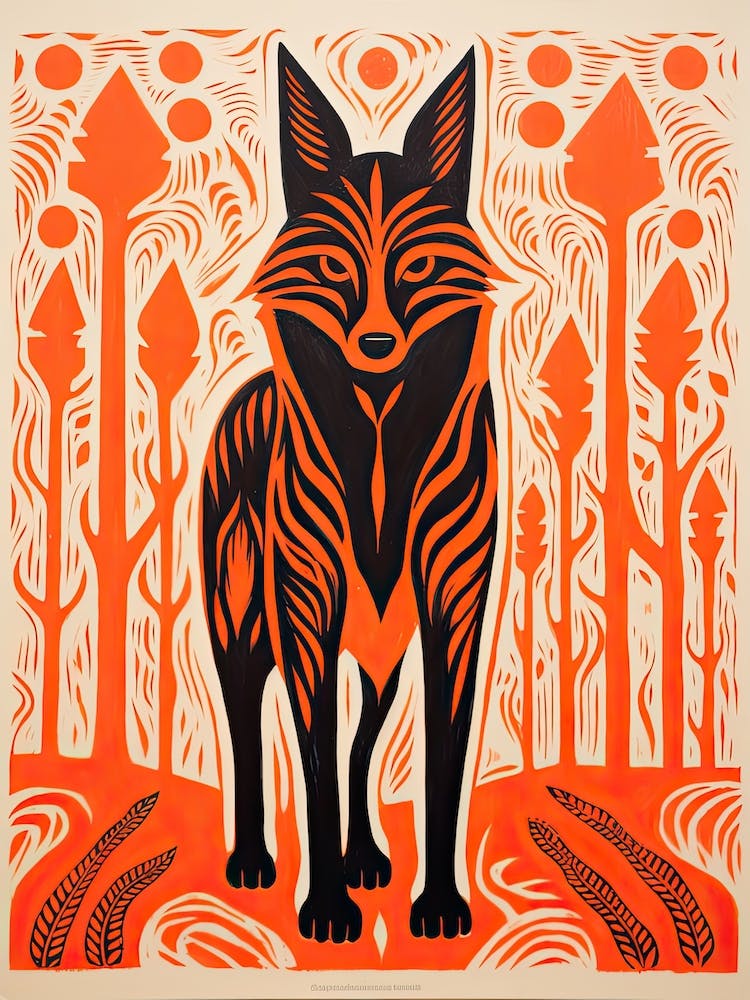 Fox, Woodblock Animal  Drawing 4
