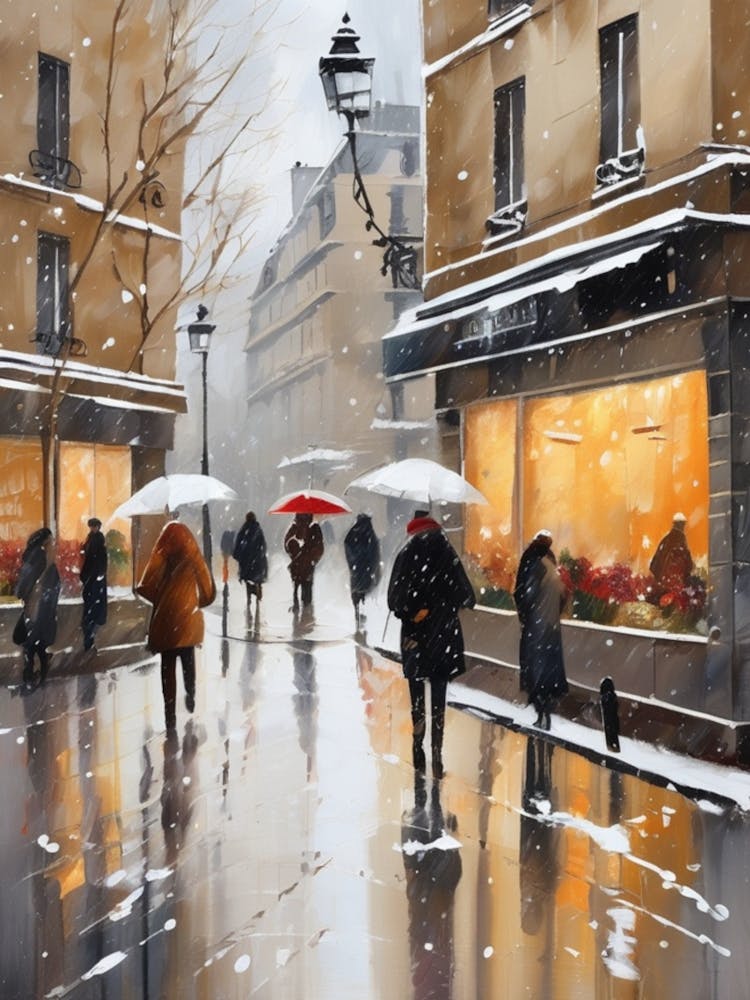 Paris cafes, winter season, Christmas, autumn oil colors, pale colors, pedestrians in the street, winter clothes, falling snow.Christmas decorations.4 1