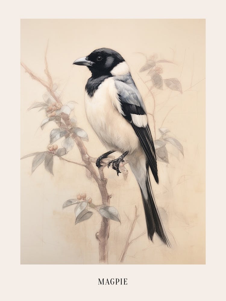 Vintage Bird Drawing Magpie 1 Poster