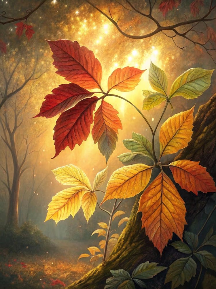Oil Painting Style Leaf Arrangement With Soft Gold