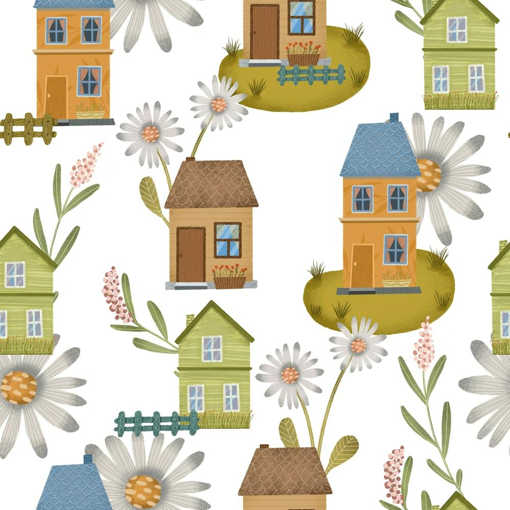 Motif Sans Couture Avec Maisons Et Marguerites