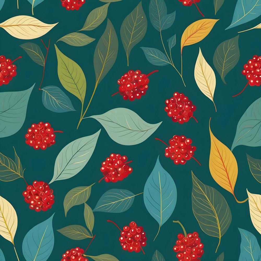 Seamless Pattern With Red Berries And Leaves