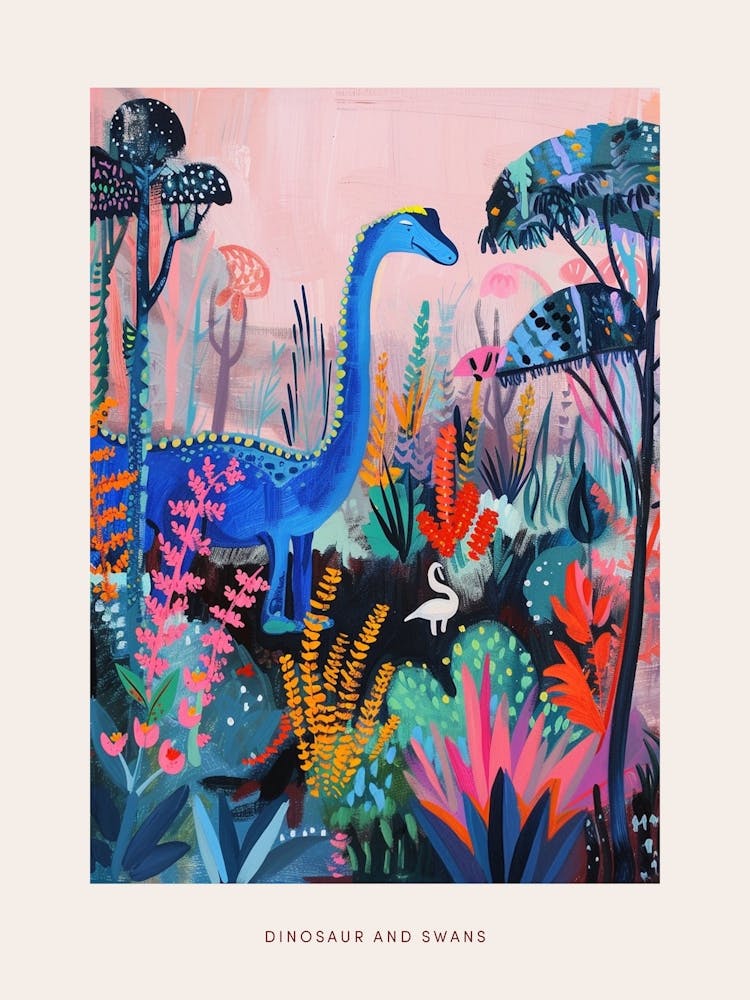 Dinosaur With Swans Painting 2 Poster