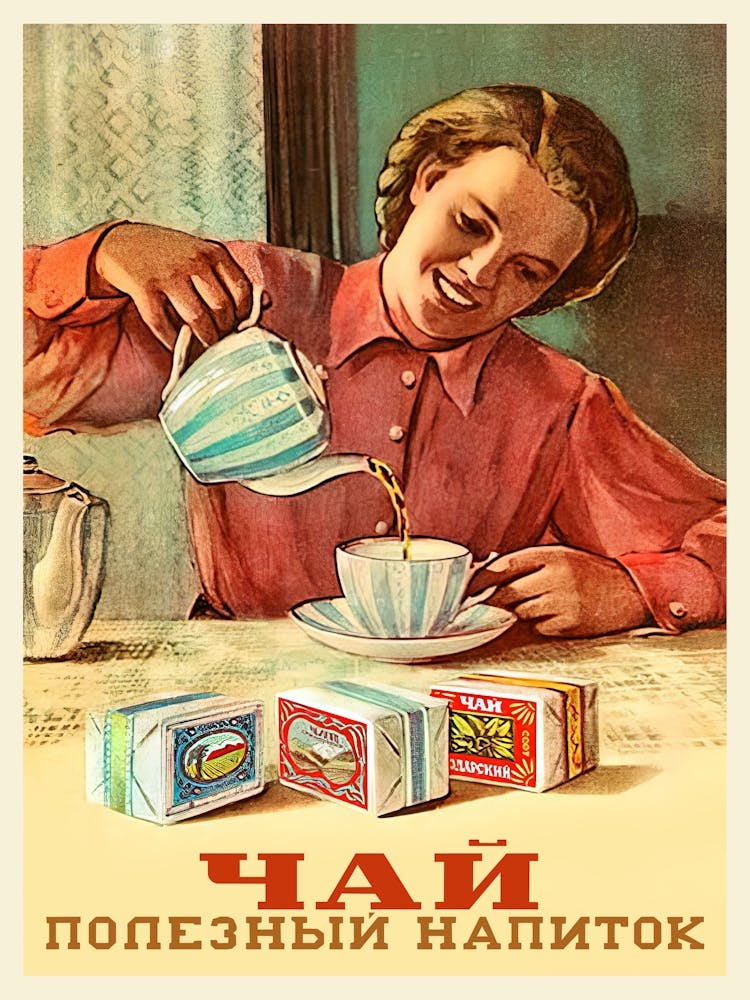 Soviet Tea, USSR, 1956 — Sowjetisches Teeposter, Vintage-Küchendrucke, Vintage-Teedruck, Propagandaposter, Wanddeko der 50er Jahre