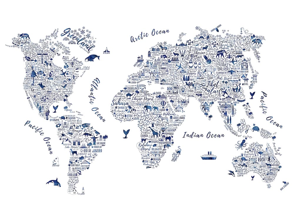 Watercolor Blue World Map