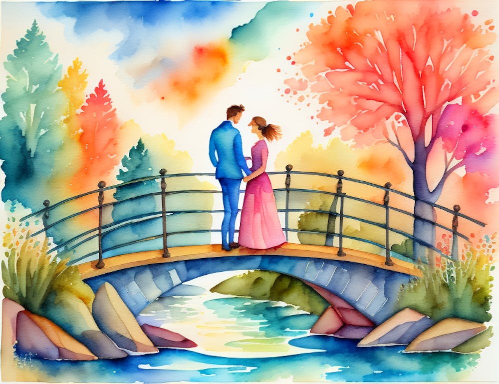 Watercolor Couple On A Bridge 2