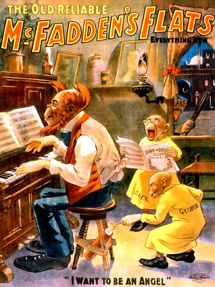 Mc Fadens Flats, Monkey Musicians, Vintage Funny Poster For A Play