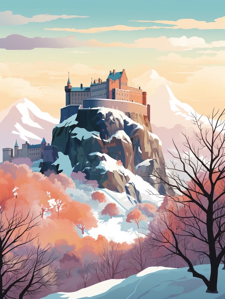 Vintage Winter Travel Illustration Edinburgh Scotland 4