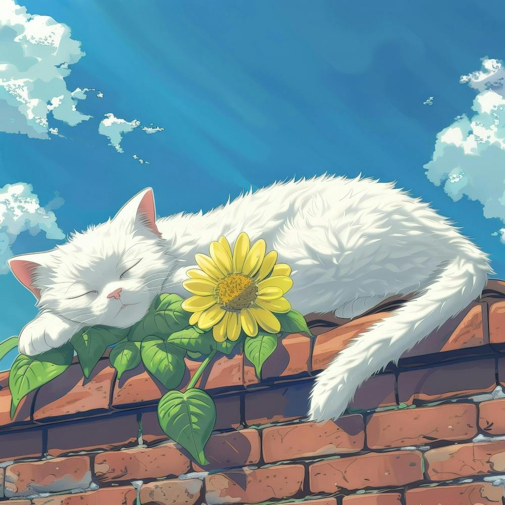 White Cat Sleeping On A Brick Wall 1