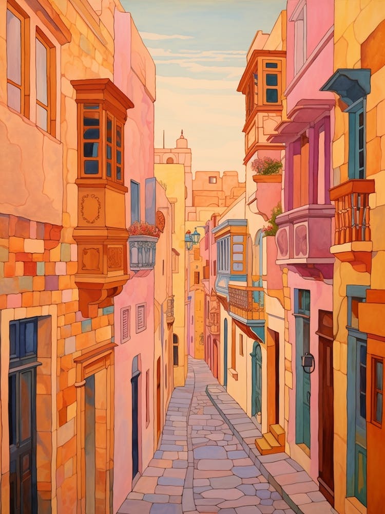 Valletta Malta 4 Vintage Pink Travel Illustration