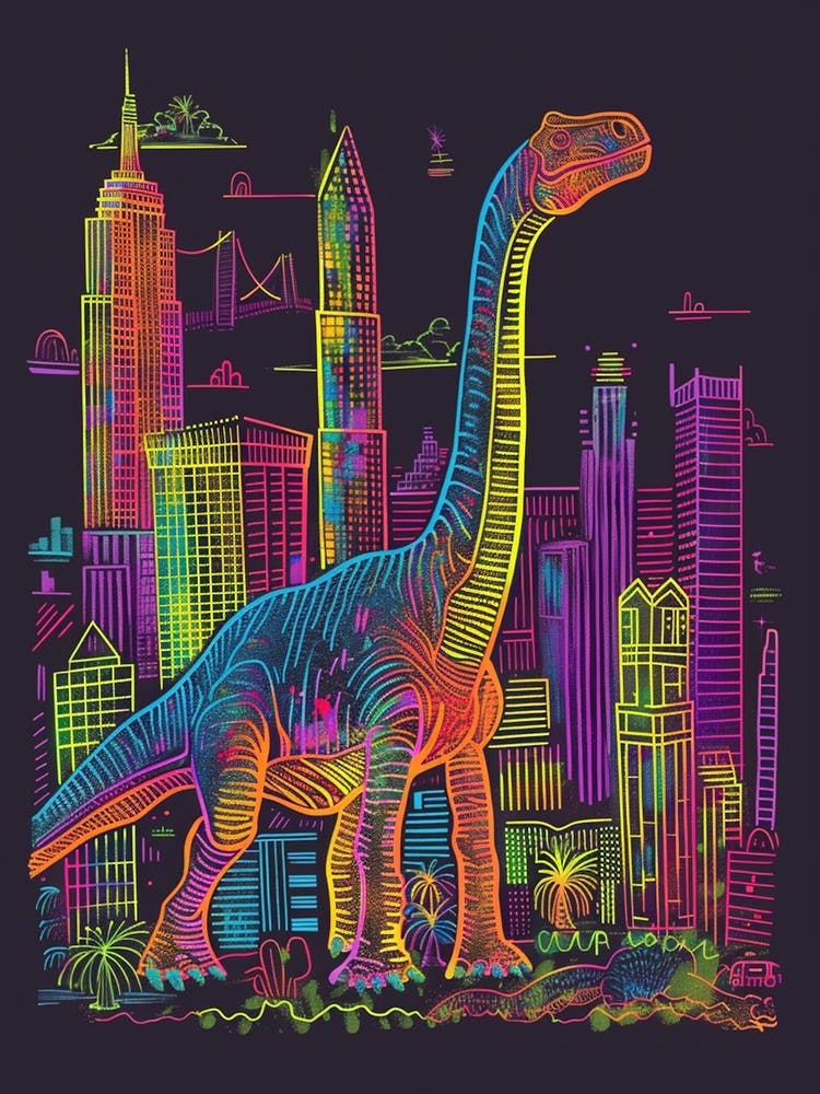 Neon Brachiosaurus In A Cityscape 2