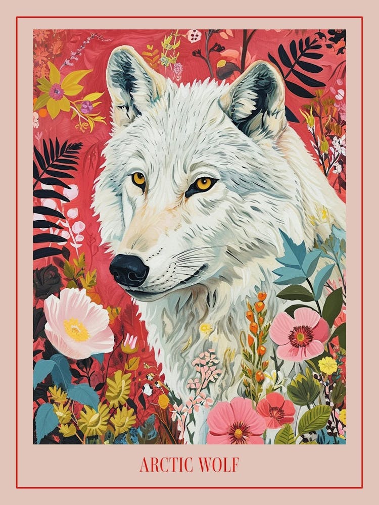 Floral Animal Painting Arctic Wolf 3 Poster