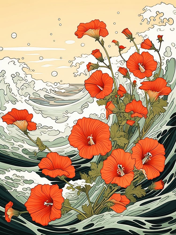 Great Wave With Nasturtium Flower Drawing In The Style Of Ukiyo E 2