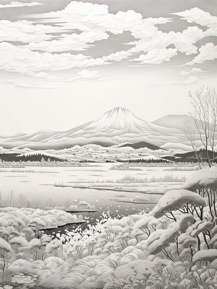 Lake Toya In Hokkaido, Ukiyo E Black And White Line Art Drawing 1
