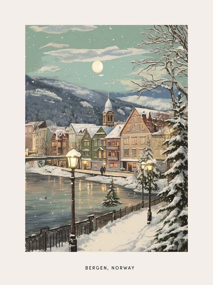 Bergen Norway - Affiche d'hiver vintage 1
