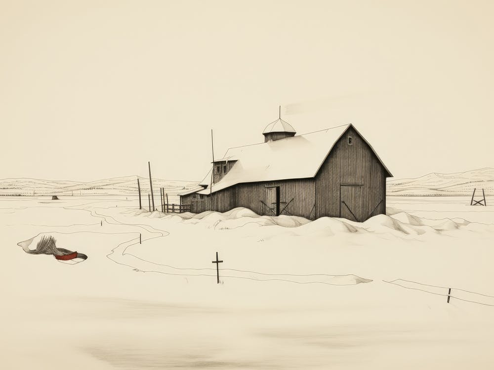 Moody Winter Farmhouse Sketch