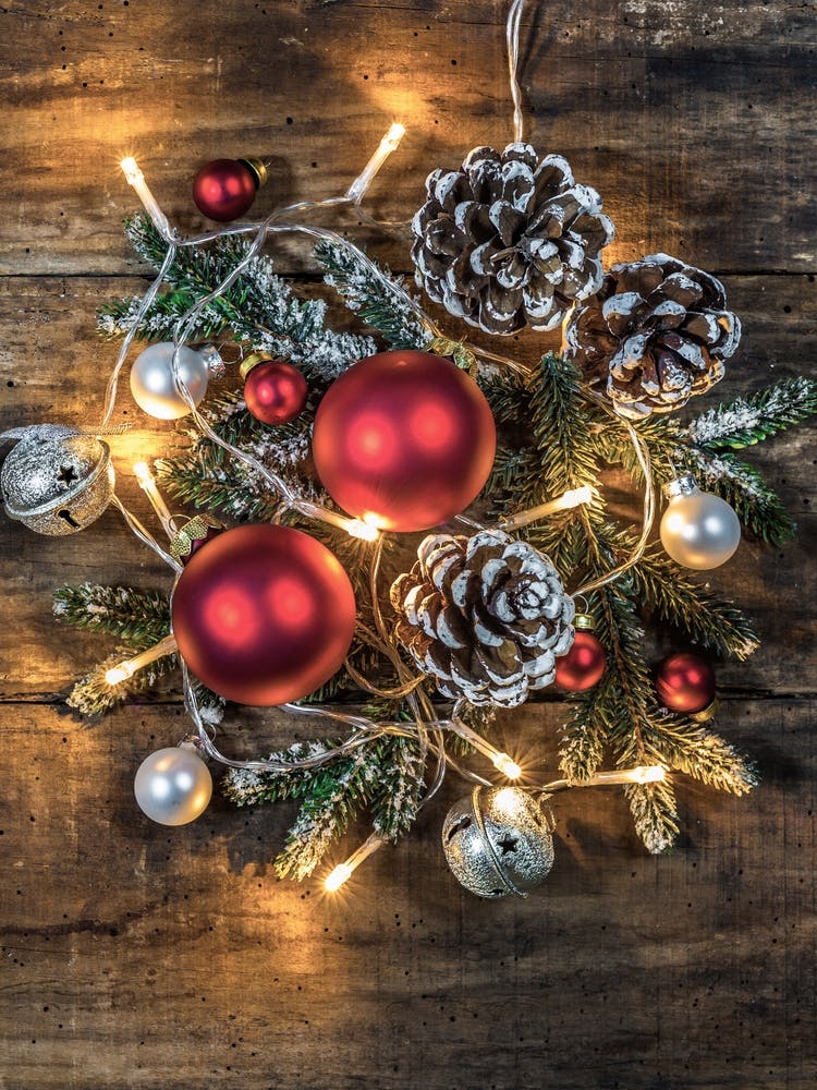 Christmas Decorations On A Wooden Table