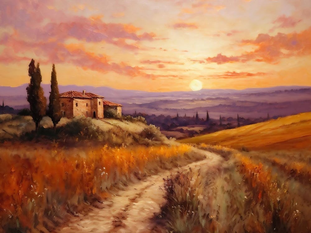 Italian Landscape Painting, Tuscany Landscape Print, Captivating Sunset Landscape Painting, Vintage Wall Art, Moody Wall Decor, Printable