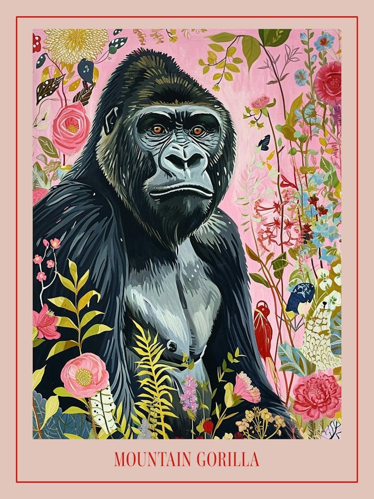 Floral Animal Painting Mountain Gorilla 3 Poster