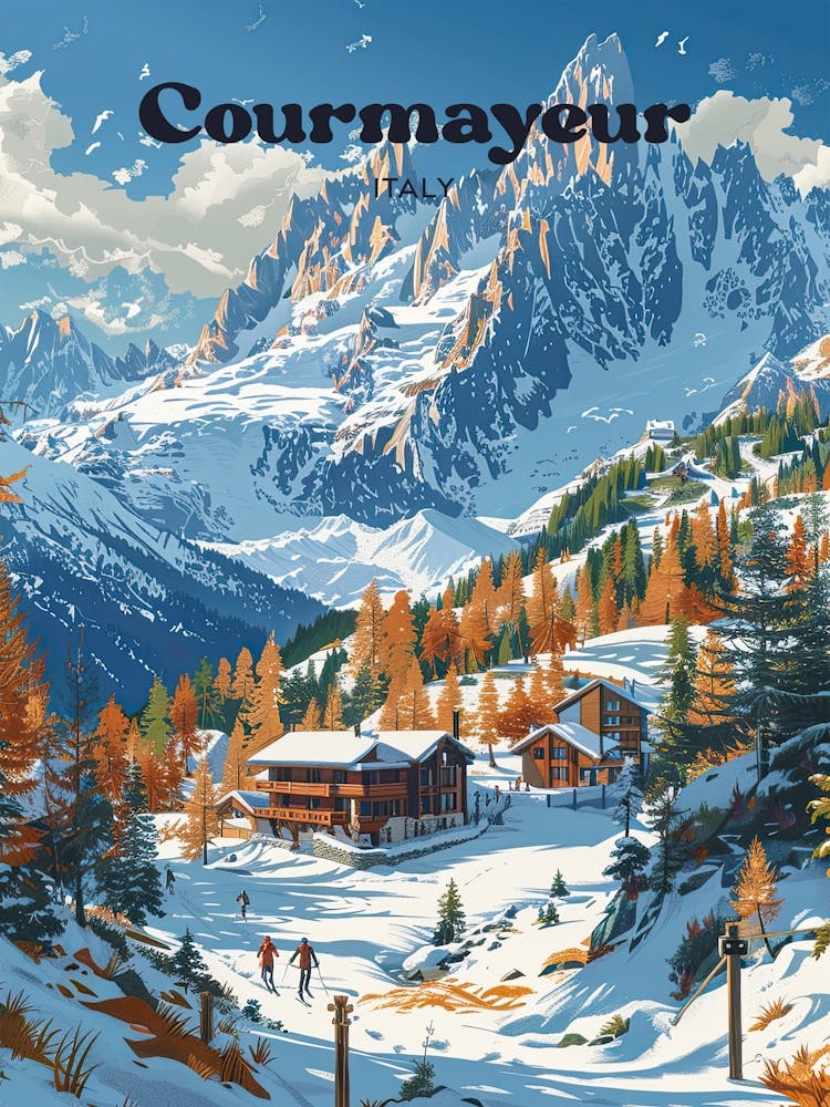 Courmayeur Italy Snowy Art Illustration