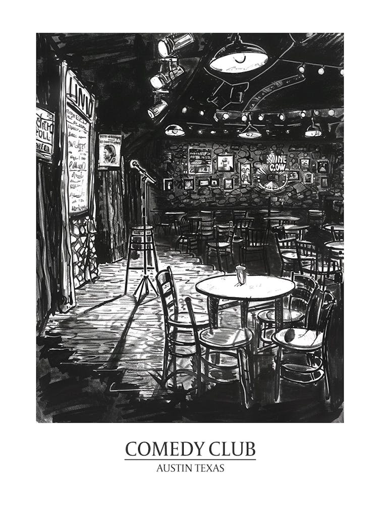 Comedy Club Austin Texas Black And White Drawing 1 Poster