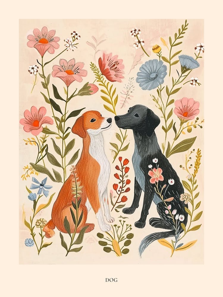 Folksy Floral Animal Drawing Dog 3 Poster