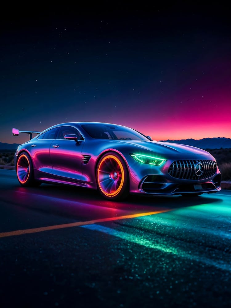 Mercedes AMG im Neonglanz, ein Rennwagen bei Nacht. Luxus, Geschwindigkeit und klassisches Automobildesign verschmelzen perfekt.