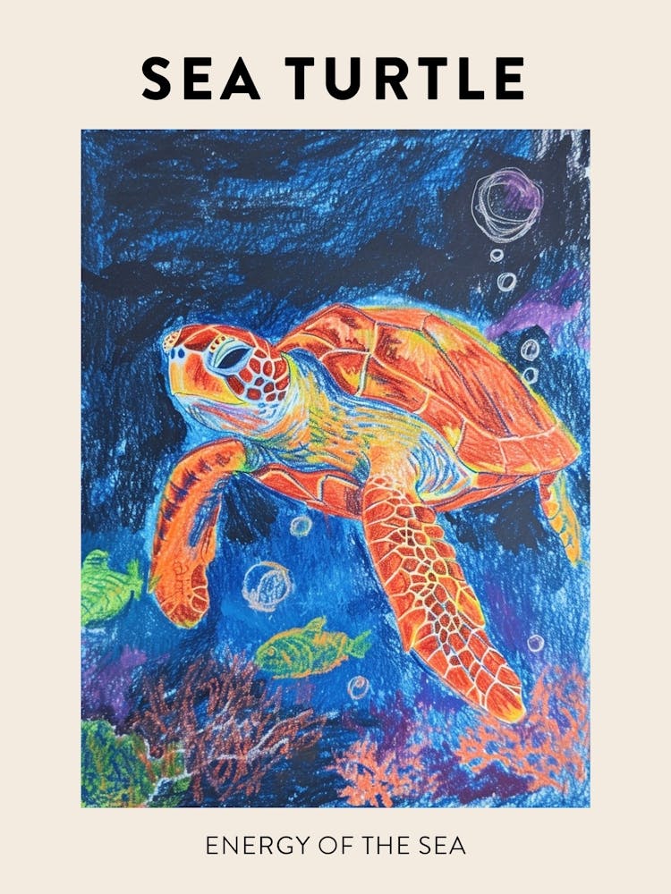 Sea Turtle Crayon Ocean Doodle Poster 3