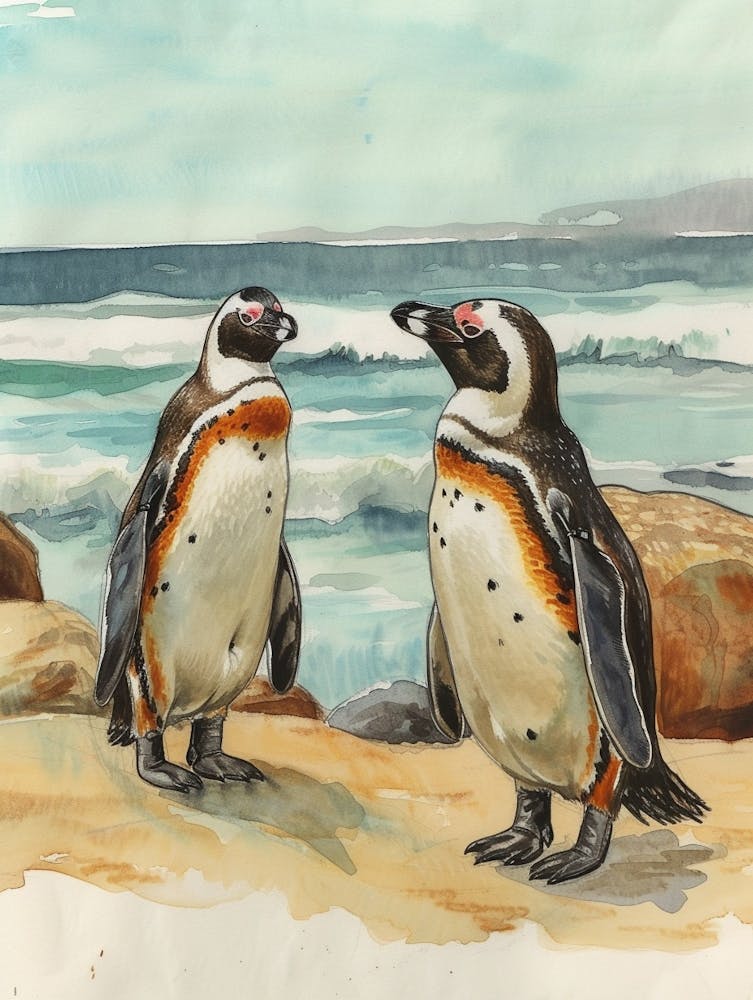 Humboldt Pinguin Boulders Beach Simons Town Aquarellmalerei 1