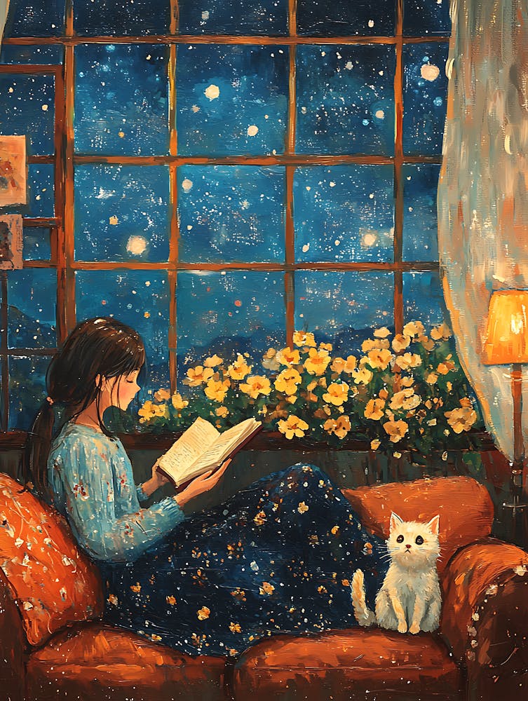 Girl Reading Book with Her Cat 14