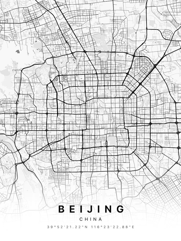 Beijing China White Map - Zoomed
