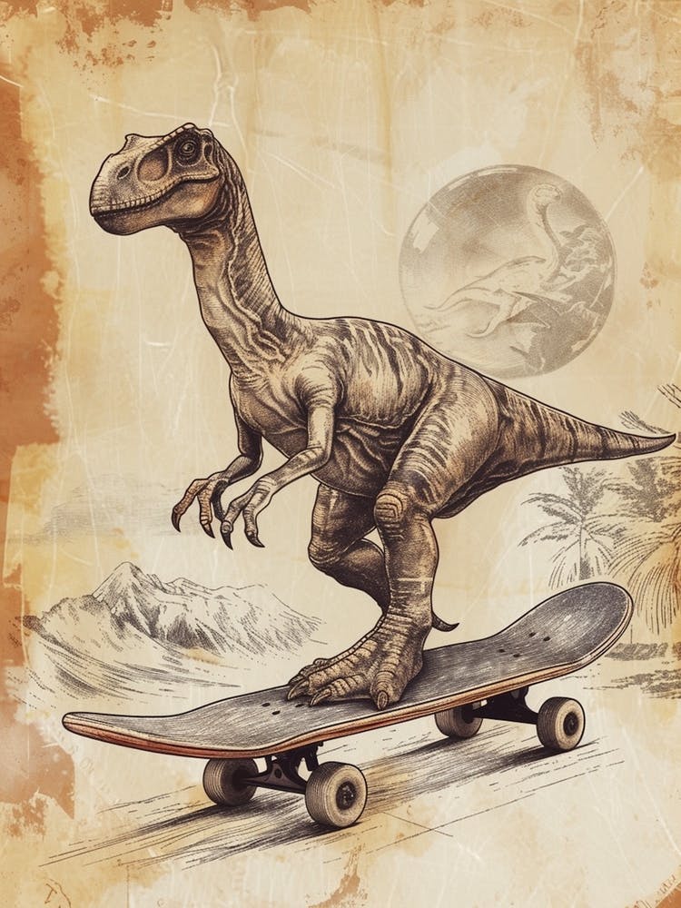 Vintage Diplodocus Dinosaur On A Skateboard 1