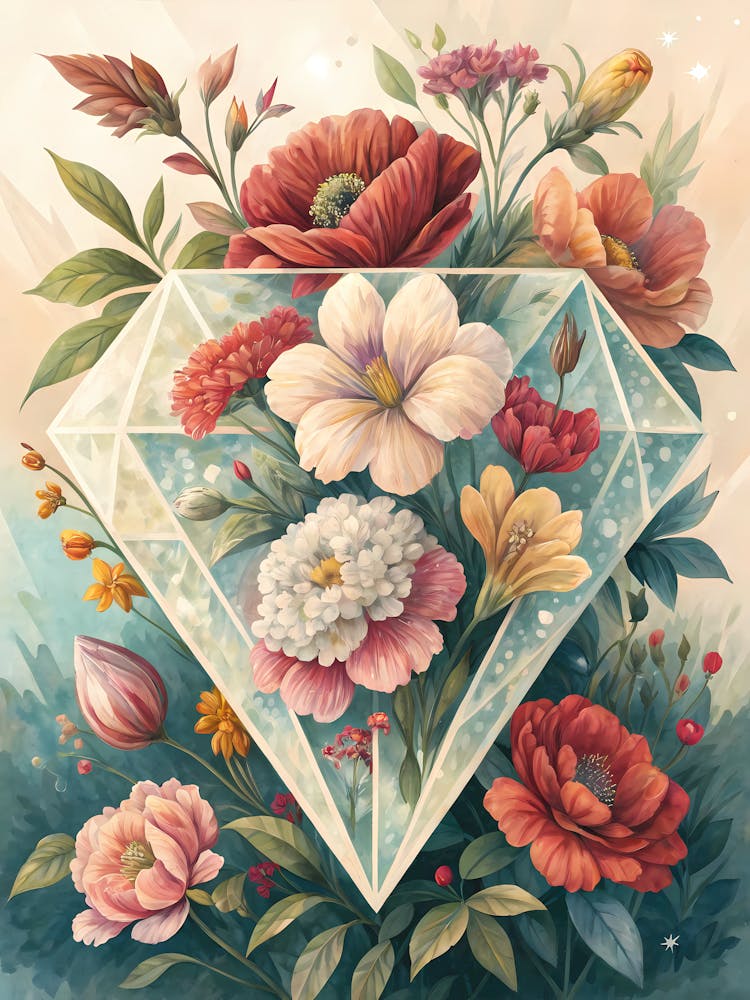 Rautenförmiges Design Gefüllt mit Blumen Ölgemälde-Stil