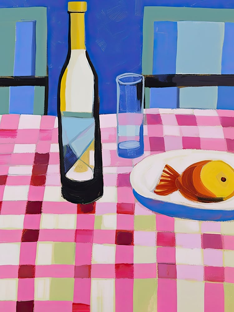 Peinture D'une Table Avec Nourriture Et Vin, Vue French Riviera, Nappe à Carreaux, Style Matisse 0