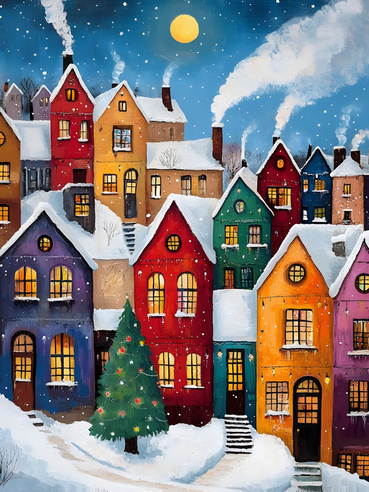 Christmas Village Winter Scene Festive Holiday Wall Art