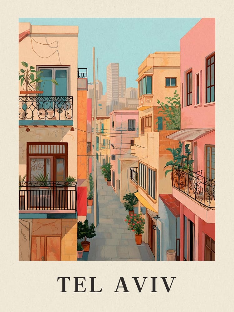 Tel Aviv Israel 1 Vintage Pink Travel Illustration Poster