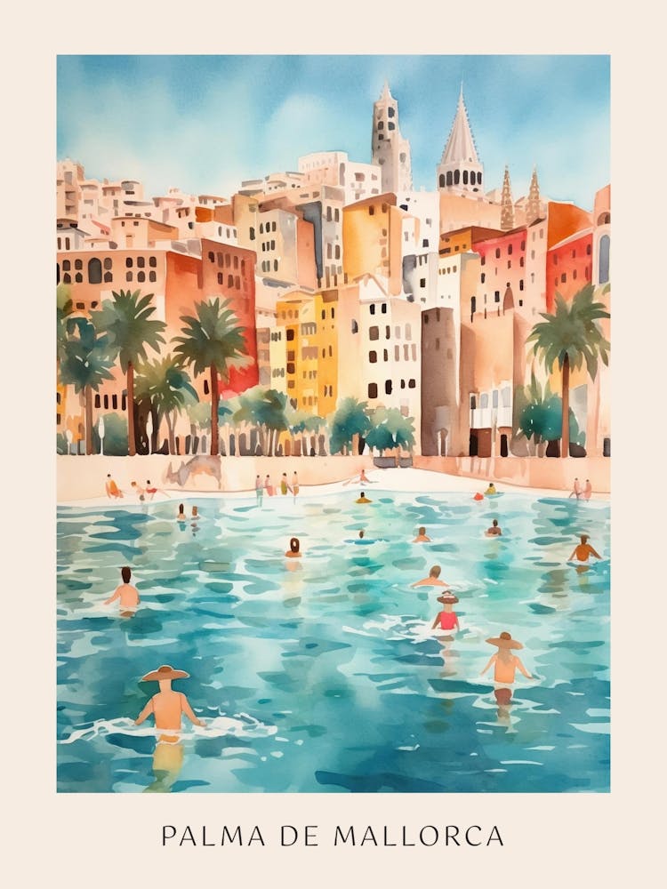 Swimming In Palma De Mallorca Spain Watercolour Poster