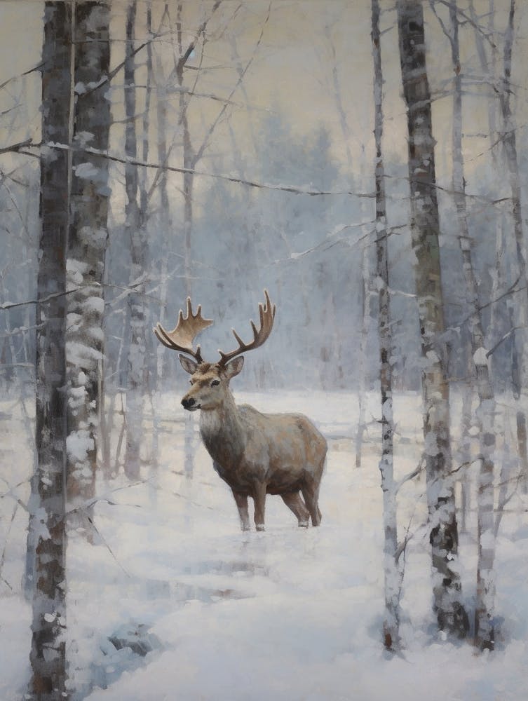 Vintage Winter Animal Painting Moose 1