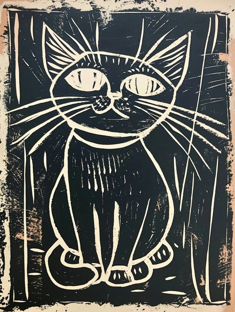Balinese Cat Linocut Blockprint 1