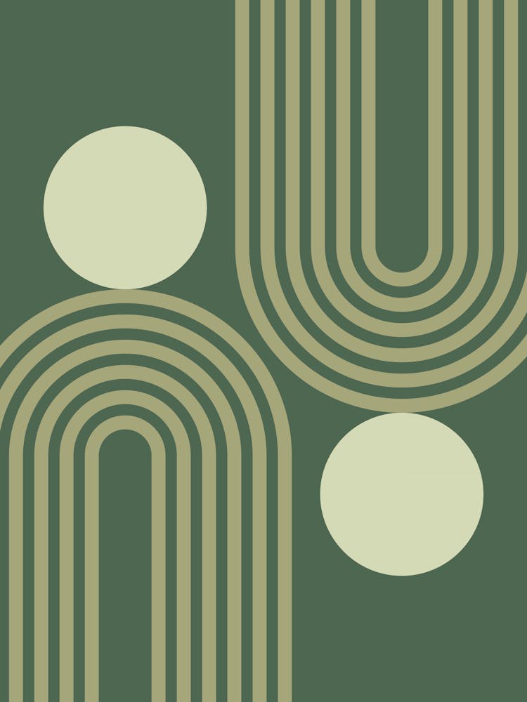 Mid Century Modern Geometric 464 In Forest Sage Green Rainbow And Sun Abstraction 01